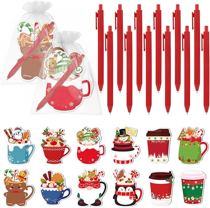 12 Sets Christmas Sticky Notes with Pens, Christmas Coffee Cup Notepads Winter Memo Pad Bulk Christmas Gifts for Coworkers Holiday Decoration Party Favors Office Home Supplies