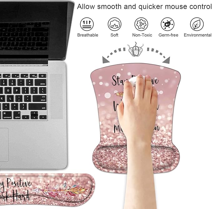 Keyboard Wrist Rest and Mouse Pad Wrist Support Set with Coasters, Inspirational Quote Stay Positive Work Hard and Make It Happen Wrist Mouse Pad with Non-Slip PU Base for Computer Laptop Home Office