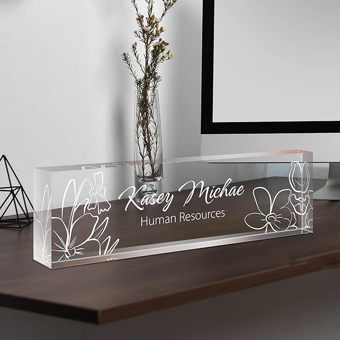 SalaGraphics Custom Engraved Acrylic Name Plates for Desks, Office Desk Plate Personalized, Decor Nameplate, Nurse Manager Employee Teacher Appreciation Gifts, Accessories (Flowers F)