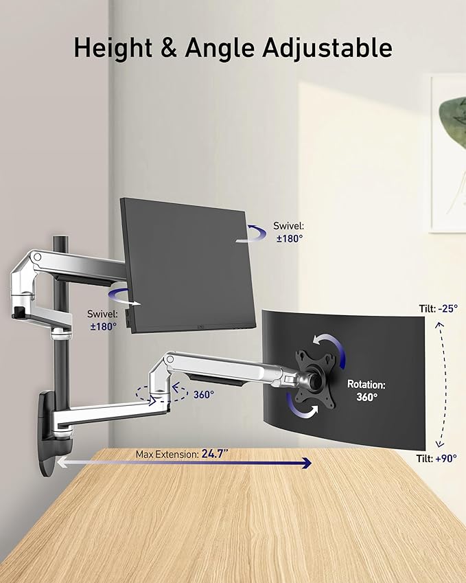 Dual Monitor Wall Mount for Flat or Curved Screens up to 38" Within 25 lbs, Adjustable Monitor Arm with Cable Management, VESA 75x75/100x100mm Monitor Mount for 2 Monitors, Silver