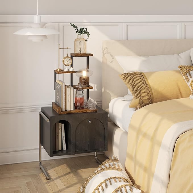 YMYNY Desktop Shelf Organizer, 4 Tier Storage Display Rack, Desk Shelf Organizer Small Bookshelf with Metal Frame for Office, Books, Plants, 12.2" x 9.45" x 17.52", Rustic Brown Black UHSR007H