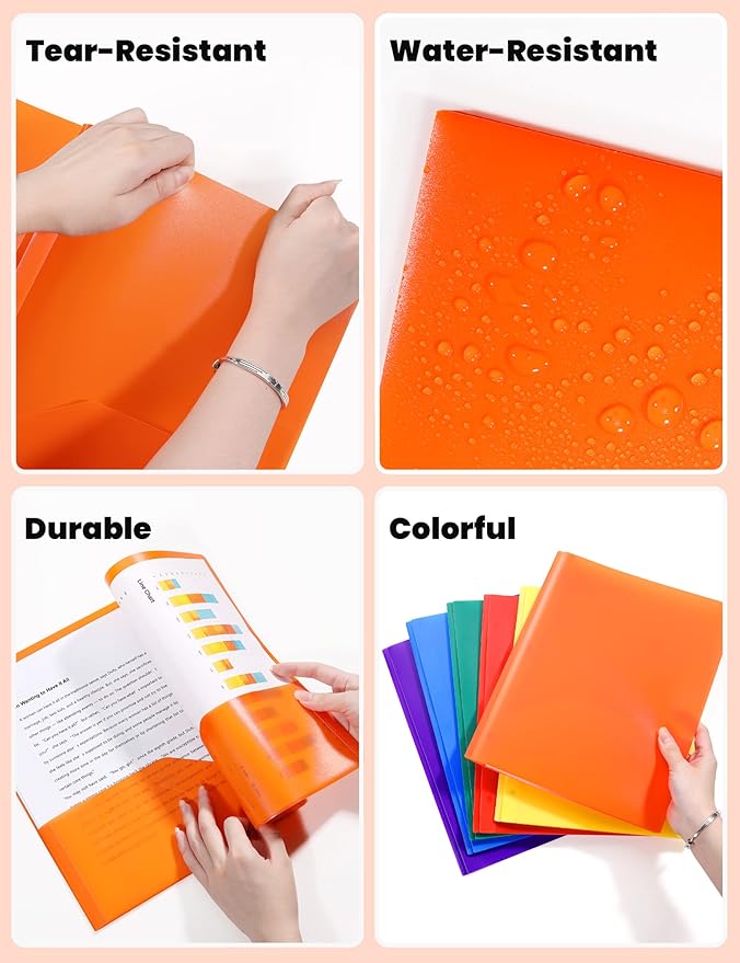 SUNEE 2 Pocket Folders with Prongs (12 Pack, Assorted Color) Plastic Folders with Pockets and Prongs Fit Letter Size, Poly Folders with Pockets for School Office Home Business
