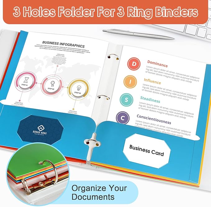 TooyBing Folders with Pockets, 2 Pocket Folders Bulk (120 Pack, Assorted Colors), 3 Hole Punched with Business Card Slot, Letter Size, Paper File for School Office Home