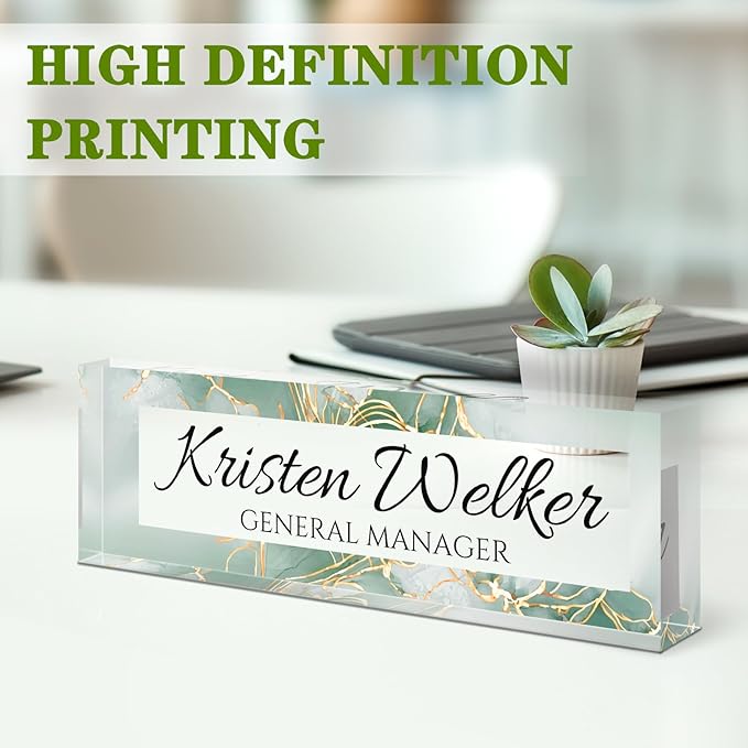 Name Plate for Desk, Desk Name Plate Personalized, Office Decor for Women Men, Acrylic Desktop Accessories, Office Appreciation Gifts for Boss Social Workers Nurse Teacher Employee (Green/Gold)