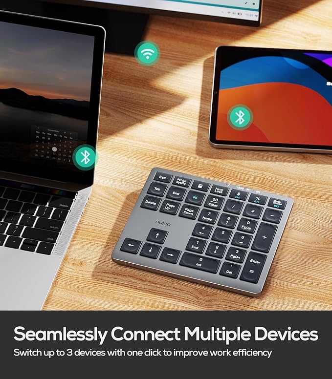 Nulea Wireless Number Pad Bluetooth 5.0 & 2.4G Portable Numeric Keyboard, USB-C Rechargeable, 34-Keys Bluetooth Keyboard for Data Entry, Compatible for Laptop, Mac, iMac, Tablet, PC Desktop