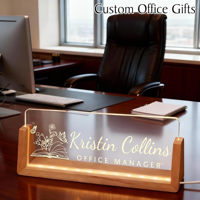 Personalized LED Name Plate for Desk, Light Up Acrylic Office Decor Desk Name Plate with Wooden Base, Custom Name Logo Quote, Appreciation Gifts for Boss Coworkers Employee Women Men (Logo)