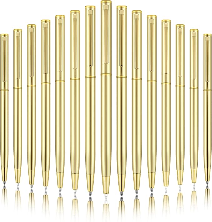 Zonon 15 Pieces Gold Metal Slim Ballpoint Pens Bulk Retractable Metallic Black Ink 1 mm Medium Point Smooth Writing Pens for Wedding Business Office Supplies Students Teachers Men Women Present