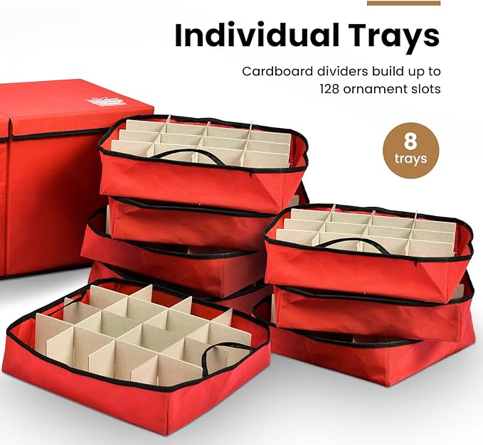 Holiday Cheer Premium Christmas Ornament Storage with 8 Tray – Christmas Storage Container with Dividers Perfect for Holiday Decorations– Fits 128 Holiday Ornaments – Tear-Proof Fabric
