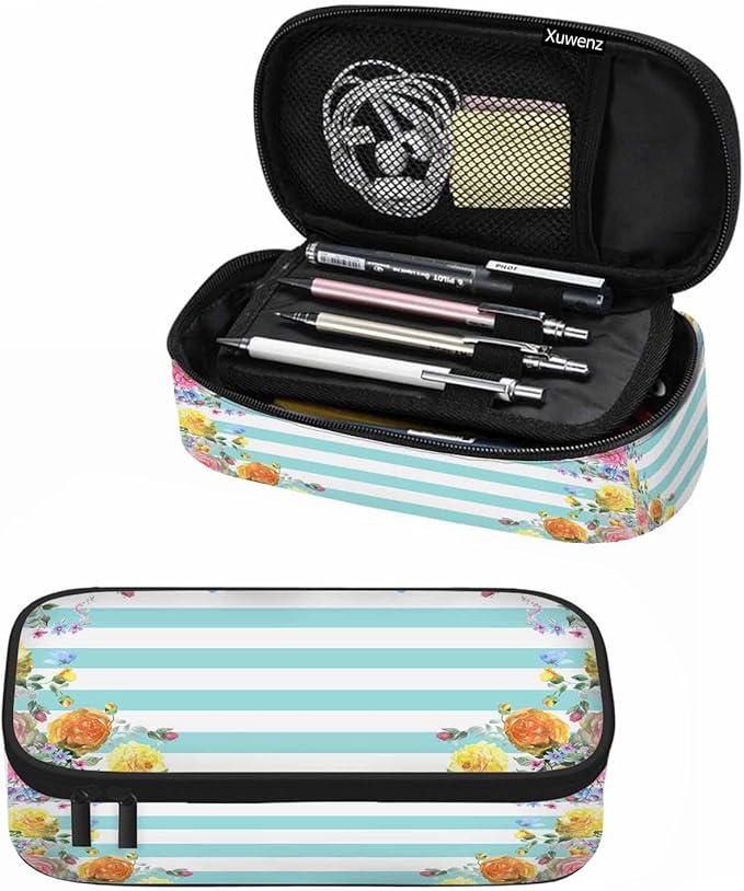 Bright Flower Pencil Case Beautiful Bouquet Roses Blue Stripes Pencil Bag Pen Markers Pouch Holder Organizer for Boy Girl School Students