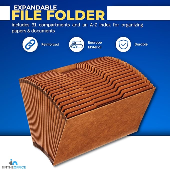 1InTheOffice Expanding File Folder Organizer, Accordion Folder with Flap, A-Z File Organizer Legal Size, Brown