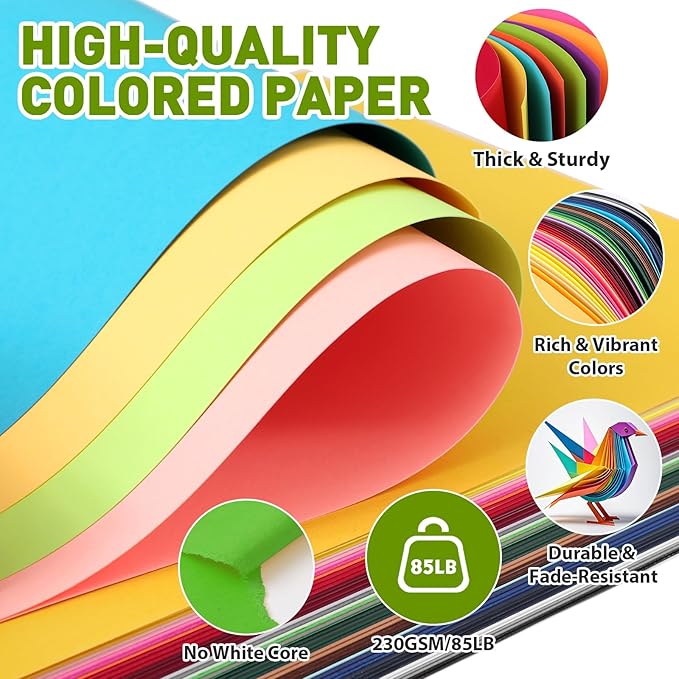 100 Sheets 8.5" X 11" Colored Cardstock, 50 Assorted Colors 230GSM/85LB Construction Paper Card Stock Printer Paper for Printing, Card Making, DIY Crafts, Kids School Supplies,Party Decorations
