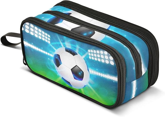 Soccer Ball on Field Pencil Case Box Boys Girls Large Pencil Pouch with Zipper Compartments Big Capacity Stationery Pen Bag Organizer for Kids Teens Adults School