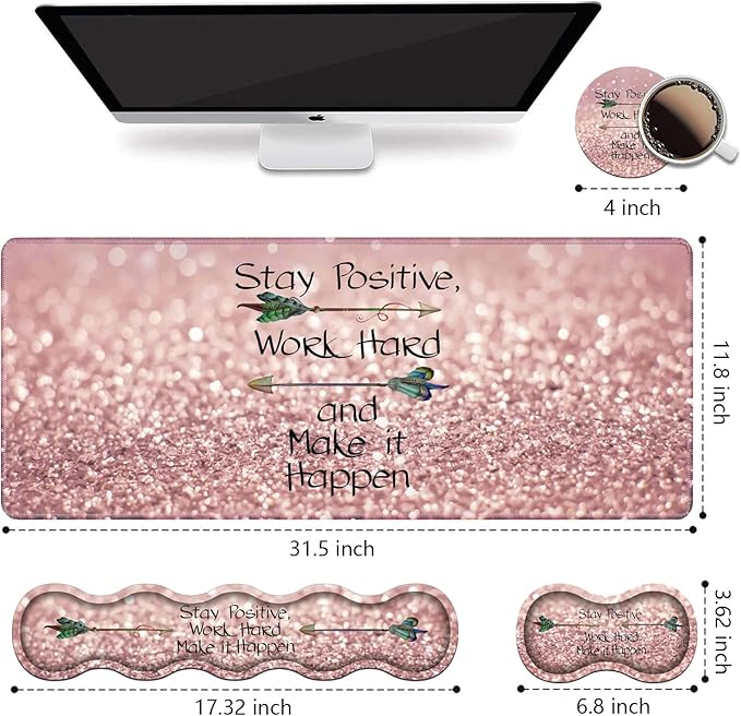Ergonomic Keyboard Wrist Rest & Mouse Pad Wrist Rest Set, Inspirational Quote Stay Positive Work Hard and Make It Happen Pattern Large XXL Gaming Desk Mat, Memory Foam, Easy Typing Pain Relief