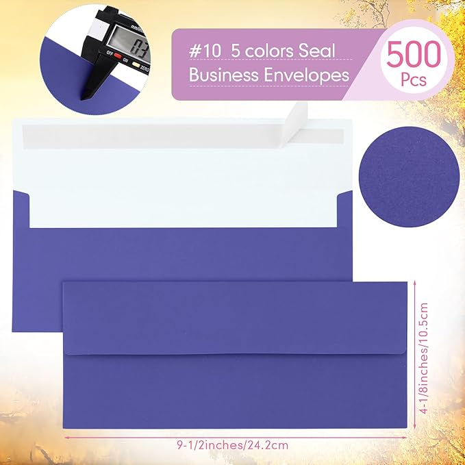 Jutom 500 Pcs Kraft Envelopes Letter Size Bulk #10 Business Strong Sealed 4-1/8 x 9-1/2 in Flap Office Printable Mailing Envelopes Windowless Invisible(5 Colors)