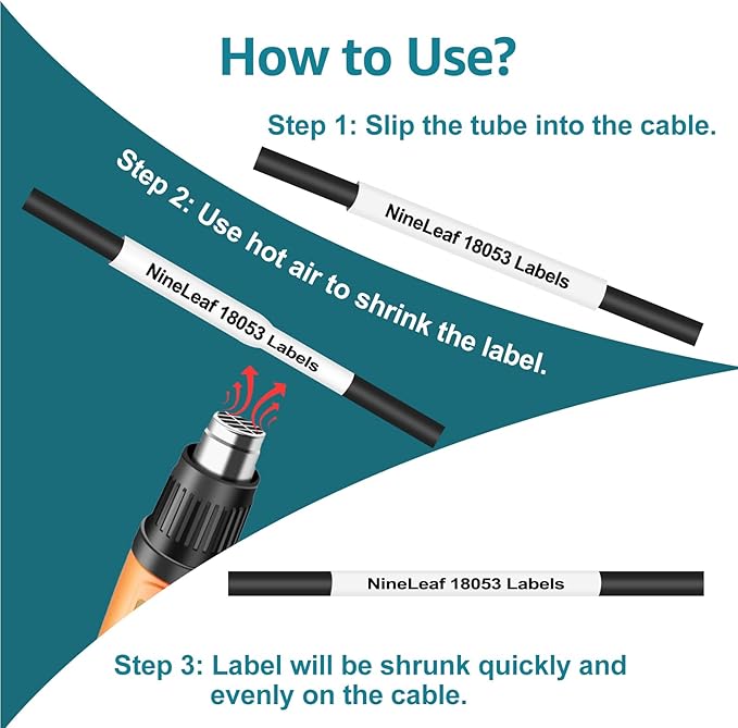 NineLeaf 9mm Industrial Heat Shrink Tube Wires Labels Replacement for Dymo 18053 Black on White, Compatible for Dymo Rhino 4200 5200 5000 6000 3M Industrial Label Maker, 3/8" x 4.9', 10 Pack