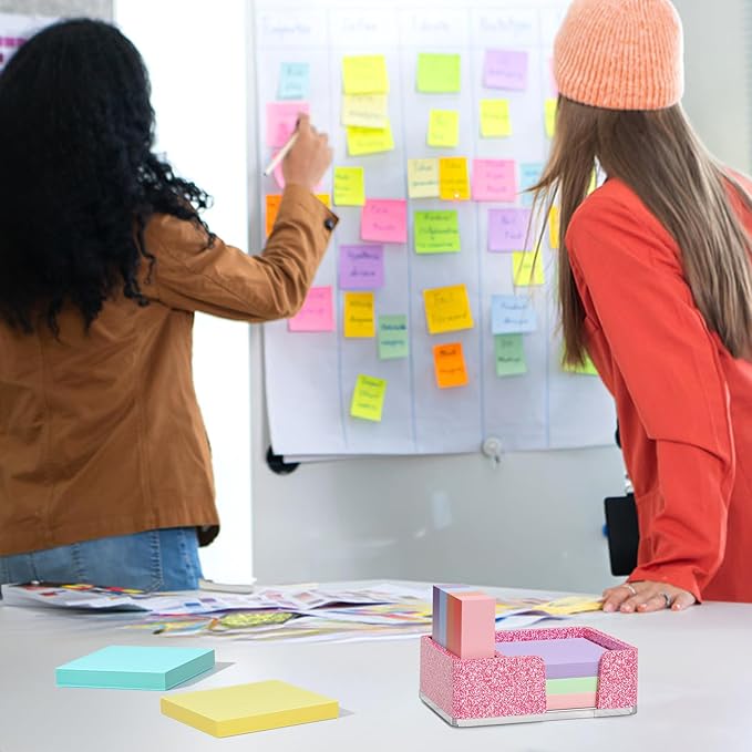 Sticky Note Holder with Pen Slot, Glitter Pink Acrylic Notepad Holder 3x3 in Self-Stick Note Dispenser Office Desk Accessories, Memo Pad Holder Organizer for Classroom School Supplies