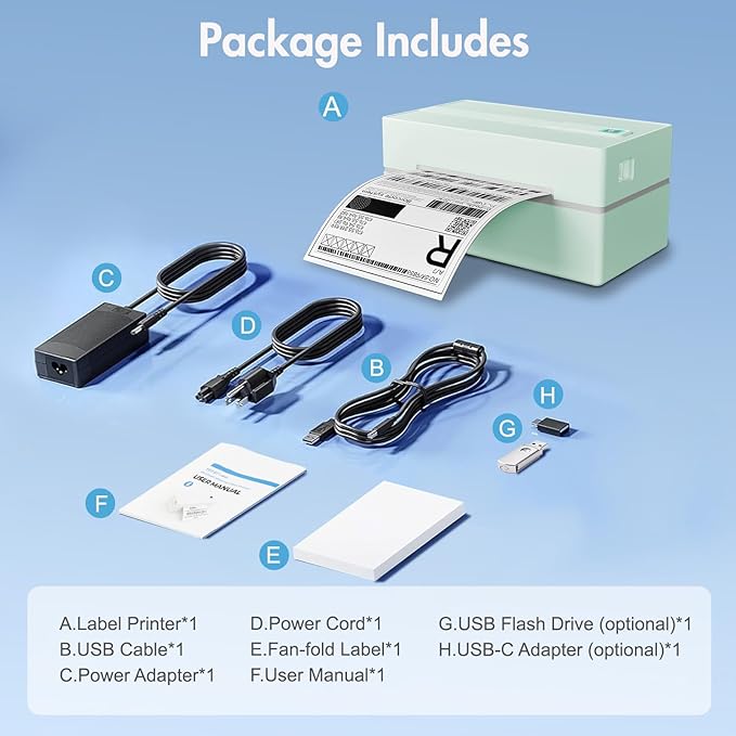 Bluetooth Thermal Shipping Label Printer: 4x6 Wireless Label Maker with Tape for Small Business - Compatible with iPhone, Android, Windows & Mac, Widely Used for USPS UPS Ebay Amazon Shopify, Green