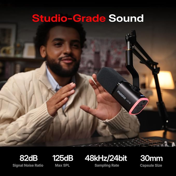 MAONO PD100W Wireless/USB Microphone, PC Gaming Mic with One-Click Noise Reduction,Mute Button,Custom RGB, 3.5mm Headphone Jack, Desktop Dynamic Streaming Mic for Recording,Podcasting, Black