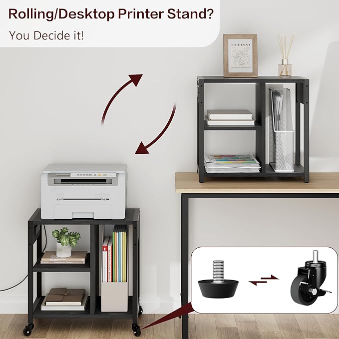GarveeLife Small Printer Stand with Power Outlets, Rolling Printer Table with Lockable Wheels, Under Desk Printer Cart with Storage, Utility Storage Cart for Home, Office, Black