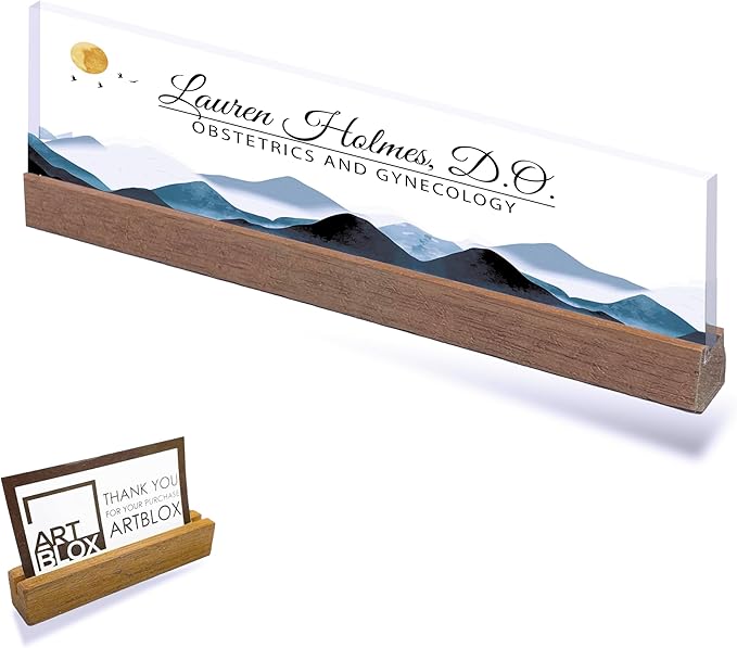 ARTBLOX | Office Personalized Name Plate Mountains Design On Clear Acrylic Glass for Desk with Business Card Holder