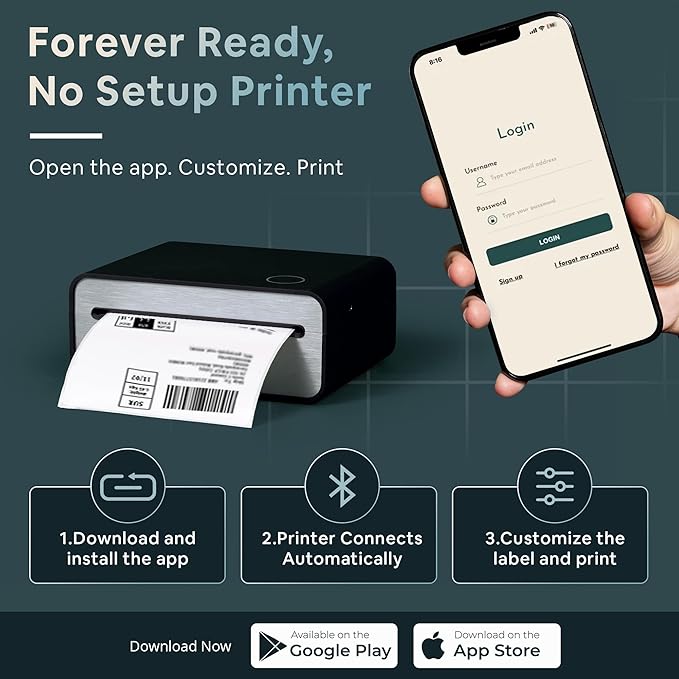 4x6 Thermal Shipping Label Printer - Wireless Bluetooth, Rechargeable Battery, No Ink Needed - for iPhone, Android, Home