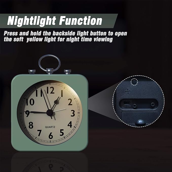 AYRELY® Battery Operated Alarm Clock with Square Metal Case,No Ticking Analog Quartz, Simple Operation for Bedroom/Travel/Desk/Kids(Green)
