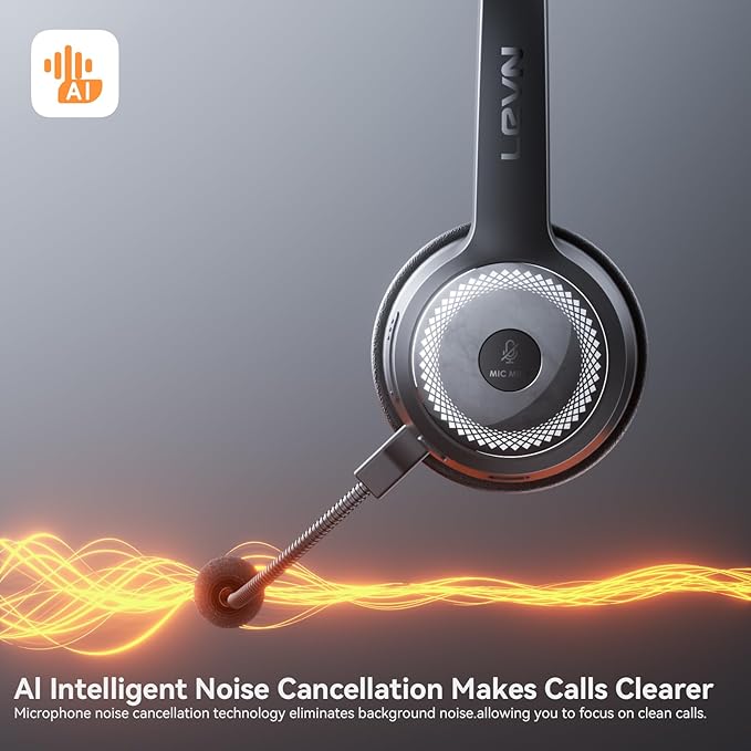 LEVN Wireless Headset with Mic for Work, Wireless Headset (Charging Base, Noise Cancelling & Mute Button), Long Battery Life, Bluetooth Headsets for Home/Office/Call Center/Laptop/Teams/Zoom, Black