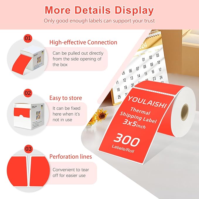 YOULAISHI 3 X 5 Inch Printable Rectangle Color Coding Labels, 300 Per Roll Adhesive Color Coding Stickers for Bar-Codes, Address, Small Business Labeling, Inventory, Fluorescent Red