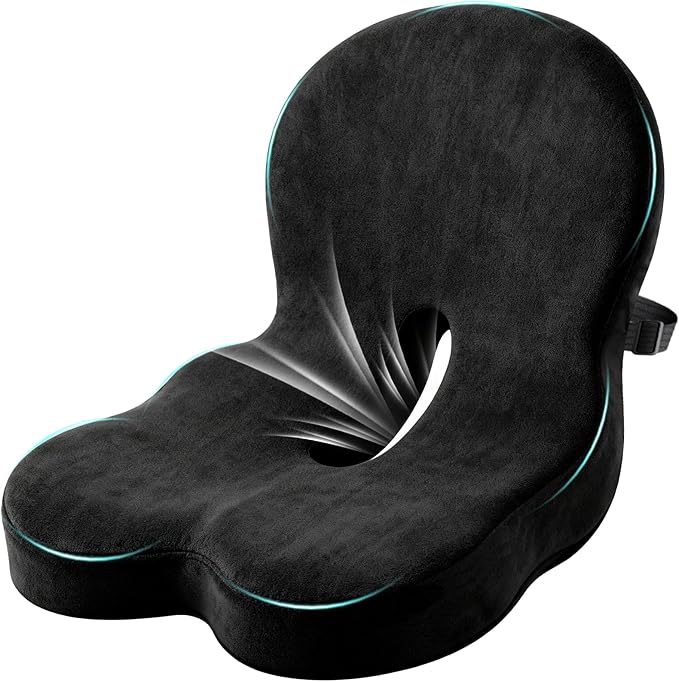 Ergonomic Memory Foam Reenly Seat Cushion & Non-Slip Base with Adjustable Straps,Seat Cushion for Truck Driver and Office Chair Cushion,Removable Washable Cover- Plush Velvet