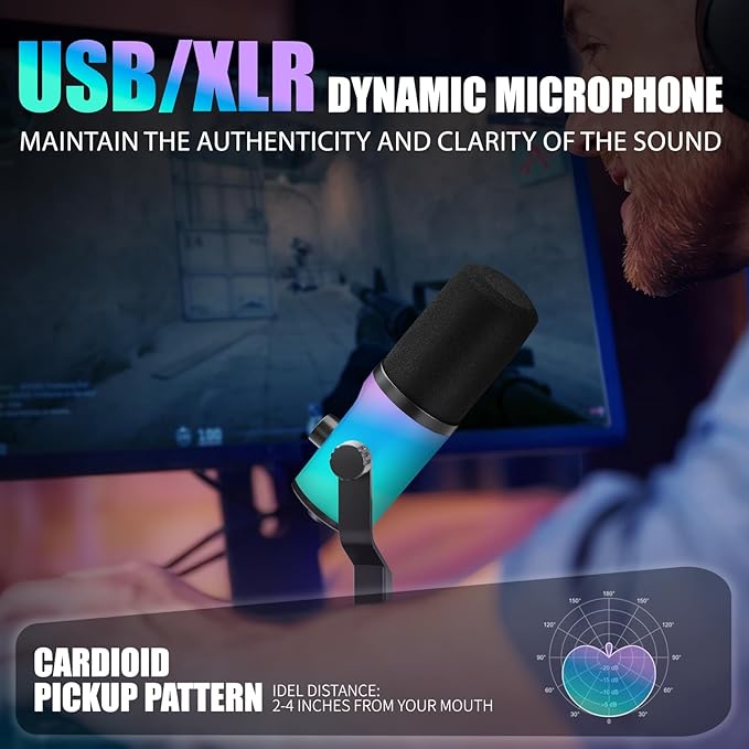 XLR/USB Dynamic Microphone, Dynamic Pc Microphone for Live Streaming and Podcasting, Featuring RGB Lighting, Mute Function, Noise Reduction, and Desktop Stand