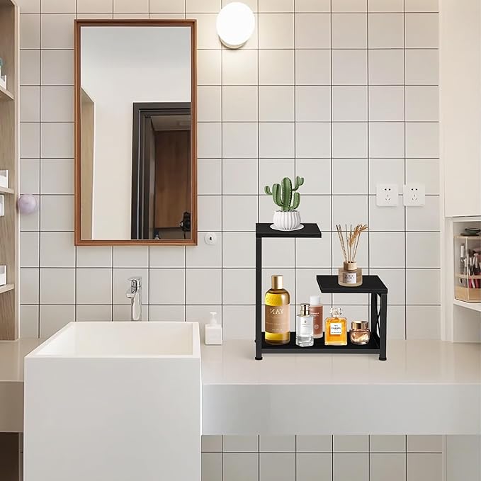 Desk Shelf Organizer, 3 Tier Storage Shelf Riser Display Stand, Wood Desktop Organizer Small Bookshelf, Desktop Shelf for Office Decor and Desk Accessories,Rustic Brown Black