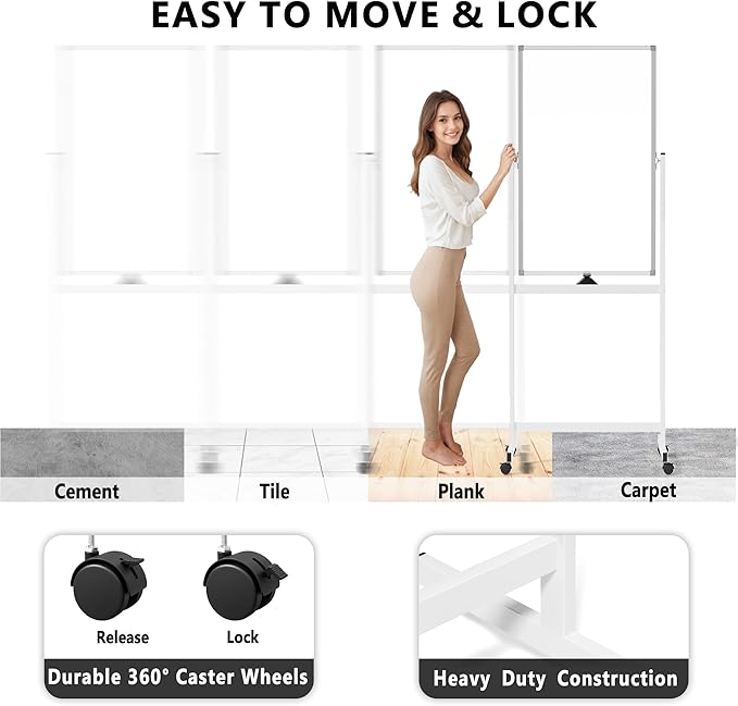 Rolling Whiteboard on Wheels, 40" x 24" Double-Sided Mobile Magnetic White Board with Stand, Portable Standing Dry Erase Board Easel for Home Office Classroom School, Silver