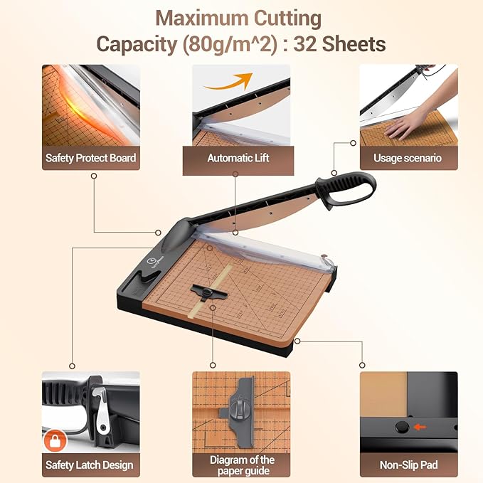 12 Inch Heavy Duty Paper Cutter, Wood Guillotine Paper Cutter & Paper Trimmer, 30 Sheets Capacity Paper Cutting Board for Classroom, Crafting, Cardstock Black