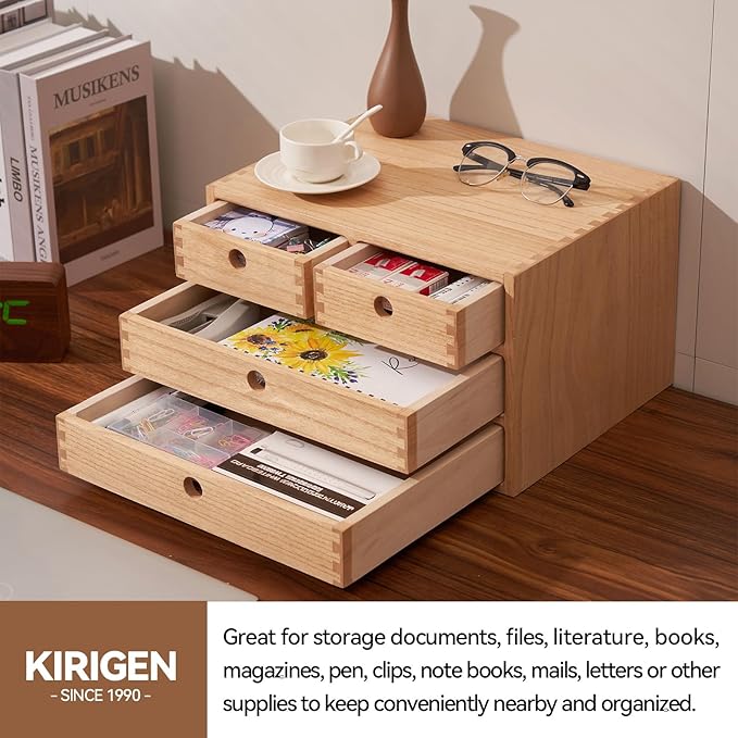 Kirigen Natural Wood Desktop Organizers with Drawers - Home Workspace Office Supplies Wooden Storage Box Shelf Case - Hold Makeup Box (NA, 3-Layer &4 Drawers)