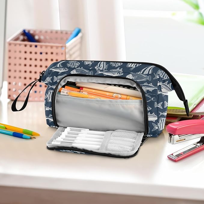 Fish Vintage Pencil Case Pouch Big Capacity Pencil Bag Box Organizer Pen Case with Zipper Pencil Cases for Girls Boys Women School College Office