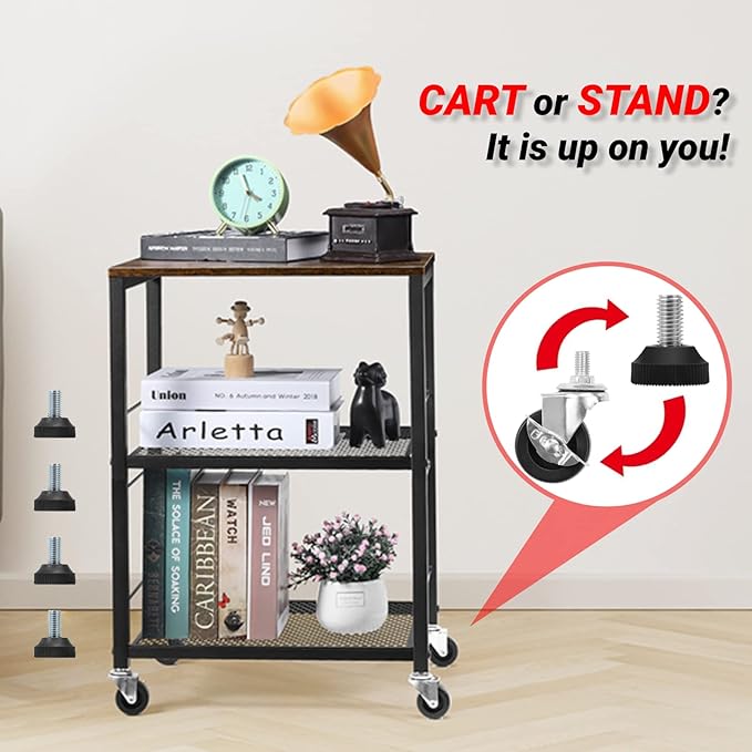 LIANTRAL 3 Tier Rolling Cart, Brown Kitchen Carts on Wheels with Storage, Multifunctional Utility Cart for Kitchen, Bathroom, Living Room, Bar, Office