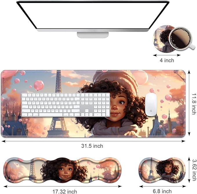 Ergonomic Keyboard Wrist Rest & Mouse Pad Wrist Rest Set, Large XXL Gaming Desk Mat 31.5"x 11.8" with Memory Foam, Easy Typing Pain Relief for Office & Home, Cute African American Girl