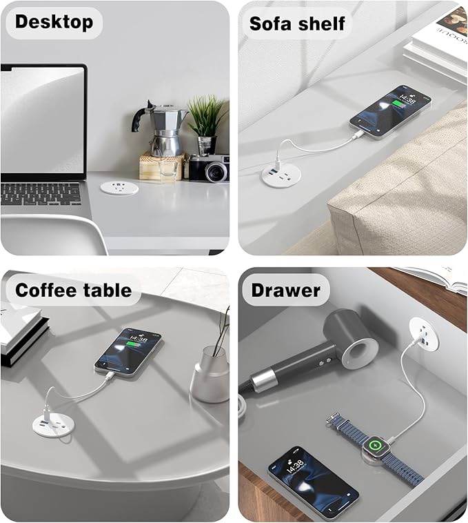 2 Pack Desk Grommet Power Outlet, 2.5 inch Desktop Recessed Outlet with 20W Fast Charging USB-C Port, Flush Mount Outlet for Conference Rooms, Office Tables, Furniture(ETL Listed)