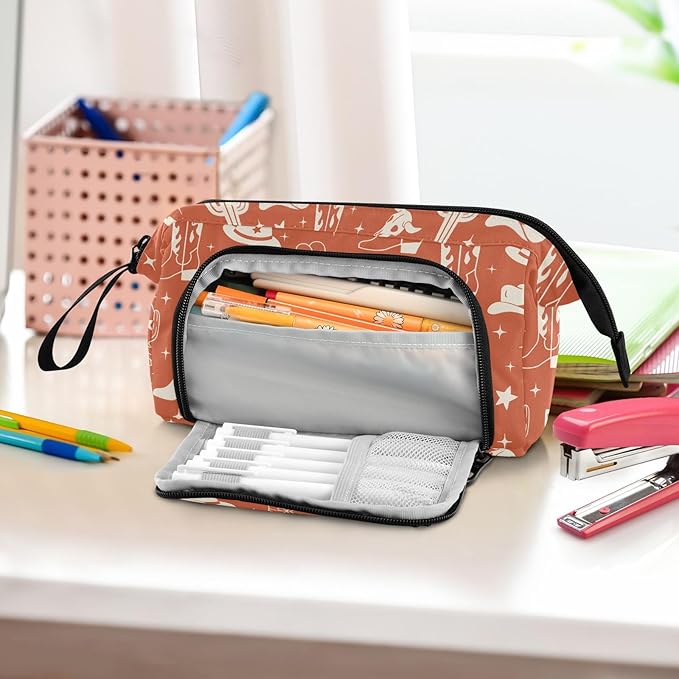Western Cowboy Orange Pencil Case Pouch Big Capacity Pencil Bag Box Organizer Pen Case with Zipper Pencil Boxes for Boys Girls Kids Women School College