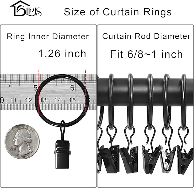 LLPJS 40 Pack Curtain Rings with Clips, Curtain Clip Rings Hooks, Bow Hanger Clips for Hanging Drapery Drapes Bows, Ring 1.26 inch Interior Diameter, Fits up to 1" Rod, Black