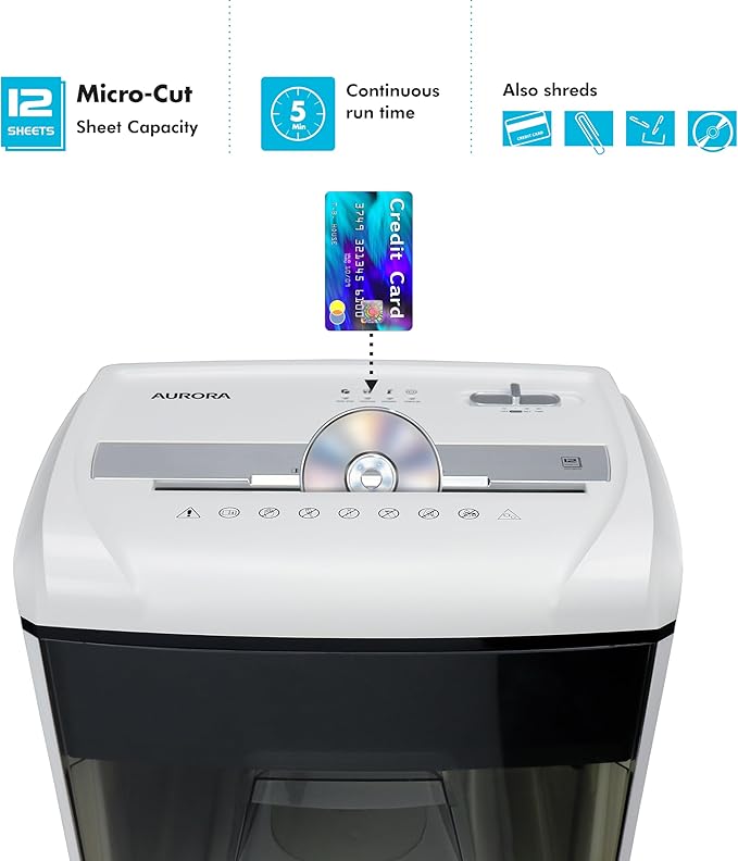 Aurora Desktop Style High-Security Anti-Jam 12-Sheet Micro-Cut Paper and CD/Credit Card/Junk Mail Shredder with 1.8 Gallon Pullout Basket/Security Level P-4