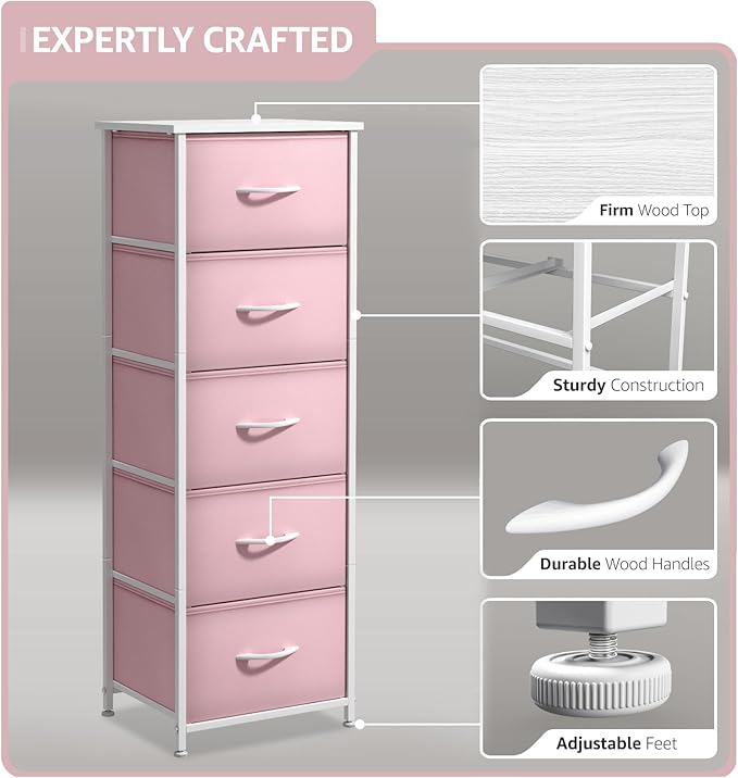 Sorbus Fabric Dresser for Kids Bedroom - Chest of 5 Drawers, Tall Storage Tower, Clothing Organizer, for Closet, for Playroom, for Nursery, Steel Frame, Fabric Bins - Wood Handle (Pink)