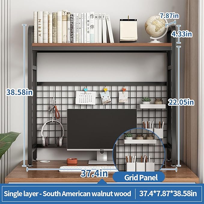 Desk Shelf Bookcase 1-Tier Metal Desktop Bookshelf Hutch with Grid Panel and DIY design possible Multipurpose Storage Organizer Display Rack for Dorm Office Home Computer Desk(Black 37.4"×7.9"×38.6")