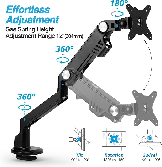 AVLT Single 13"-38" Monitor Arm Desk Mount - Fits One Flat/Curved/Ultrawide Monitor - Full Motion Height Swivel Tilt Rotation - VESA/C-Clamp/Cable Management