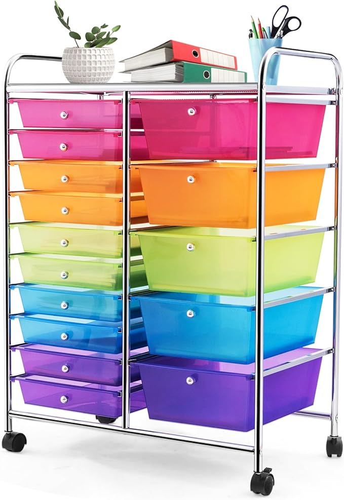 ARLIME 15-Drawer Storage Cart, 15 Drawer Trolley, Rolling Organizer Cart, Scrapbook Paper Organizer, Suitable for Office and School, Rainbow Rolling Office Storage Tools