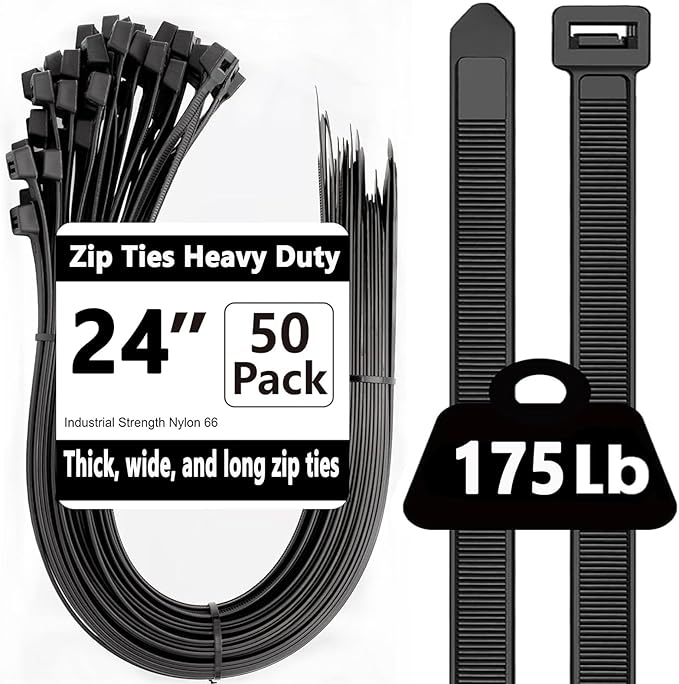 Black Zip Ties Heavy Duty 24 Inch Outdoor, 175lb Extra Large Cable Tie Wraps Long Plastic Wire Ties Wide Big Strong Thick Zipties 50 Pack