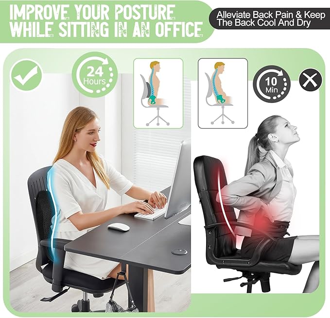 Lumbar Support Pillow Office Chair Car Back Pillow Ergonomic Lower Back Pain Relief Breathable Air Fiber Cushion with Hours Sitting on Worker Driver & Handicapped, Adjustable Strap (Black)