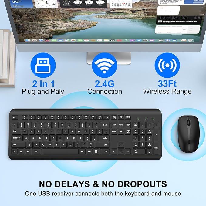 Wireless Keyboard and Mouse Combo, Full-Size Silent Ergonomic Keyboard and Optical Mouse, Long Battery Life, 2.4GHz Lag-Free Cordless Mice Keyboard for Computer, Mac, Laptop, PC, Windows