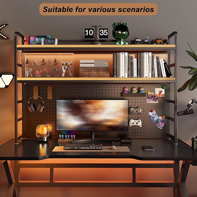 2-Tier Desktop Bookshelf Hutch - Metal Desk Shelf Bookcase with Desk Pegboard Countertop Storage Organizer Rack for Dorm or Office (B, 90cm/35.4in)