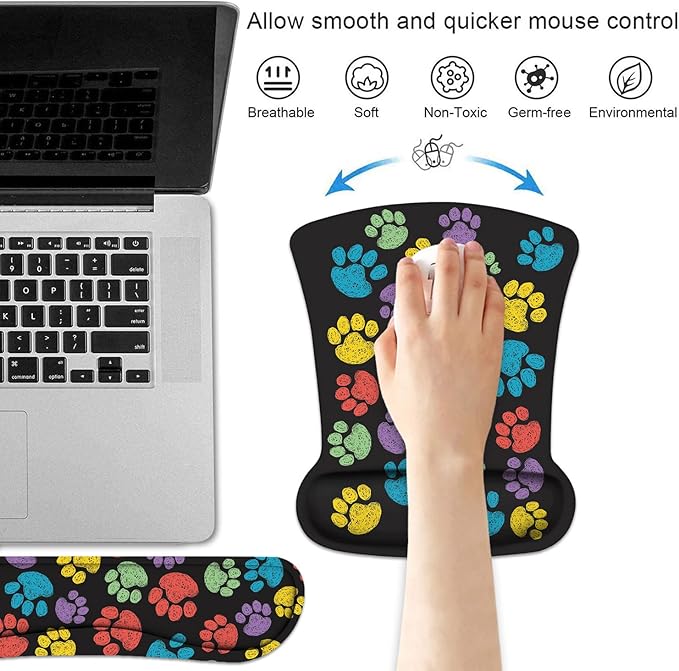 Keyboard Wrist Rest and Mouse Pad Wrist Support Set with Coasters, Non-Slip PU Base Ergonomic Gaming Mousepad for Computer Laptop Home Office Easy Typing & Pain Relief, Colorful Dog Paw Print